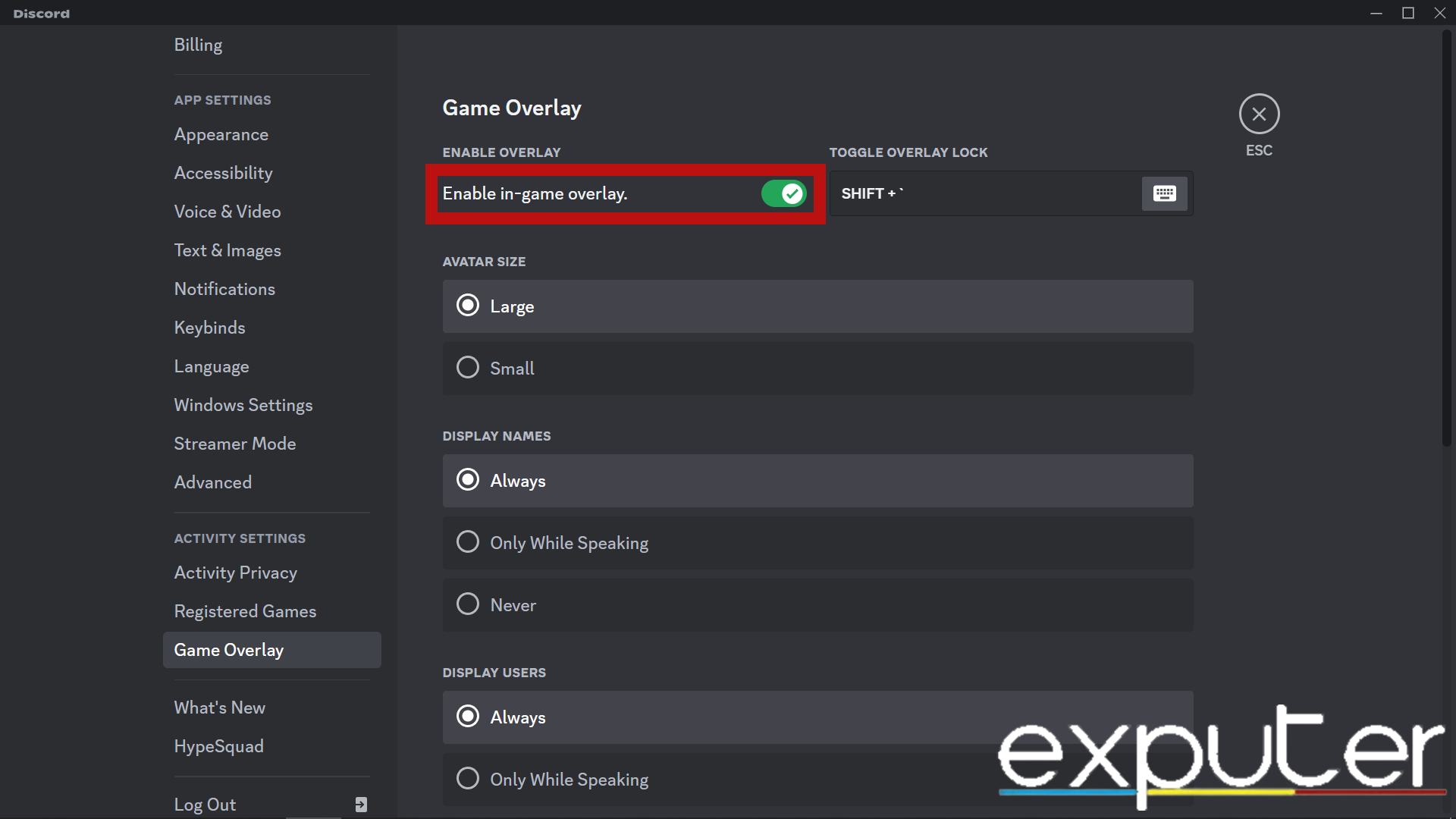 Changing Discord's In-game Overlay Settings. (image by eXputer)