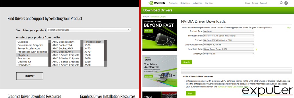 AMD and NVIDIA support pages.(image by eXputer)