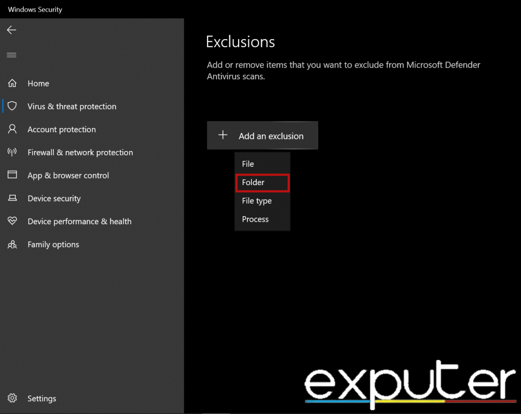 Adding Exception in Windows Defender.(image by eXputer)