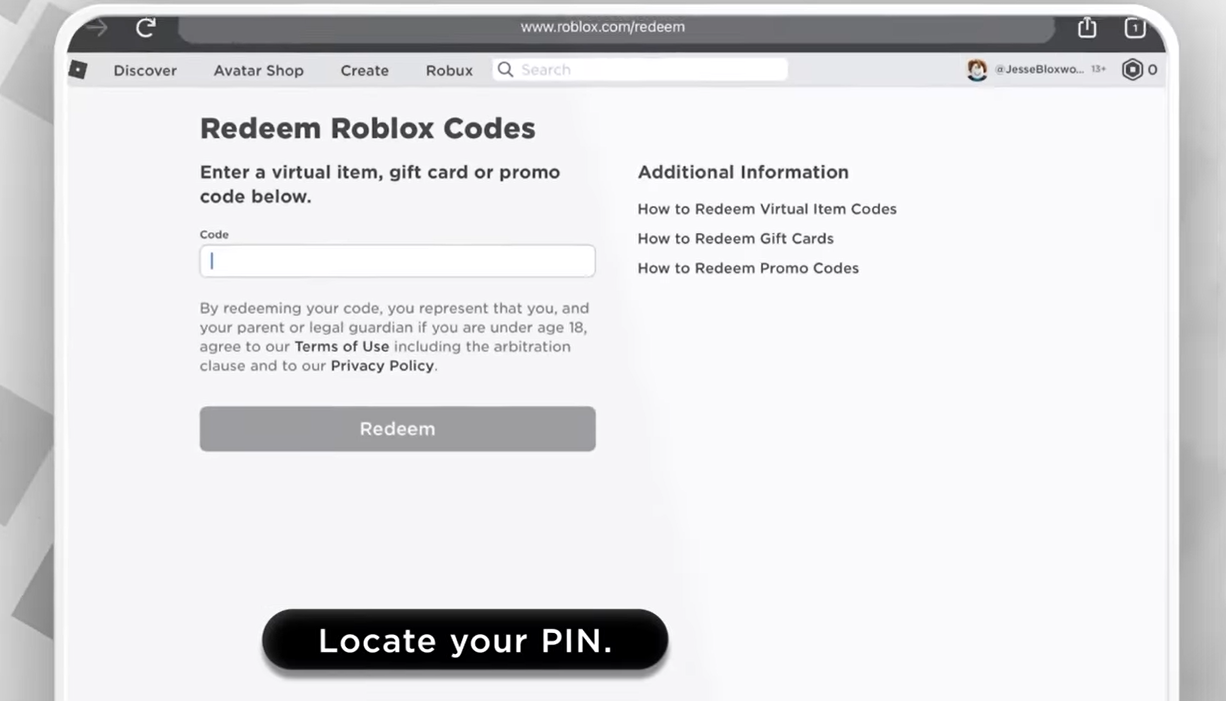 The screen that should display while redeeming Roblox Gift Card