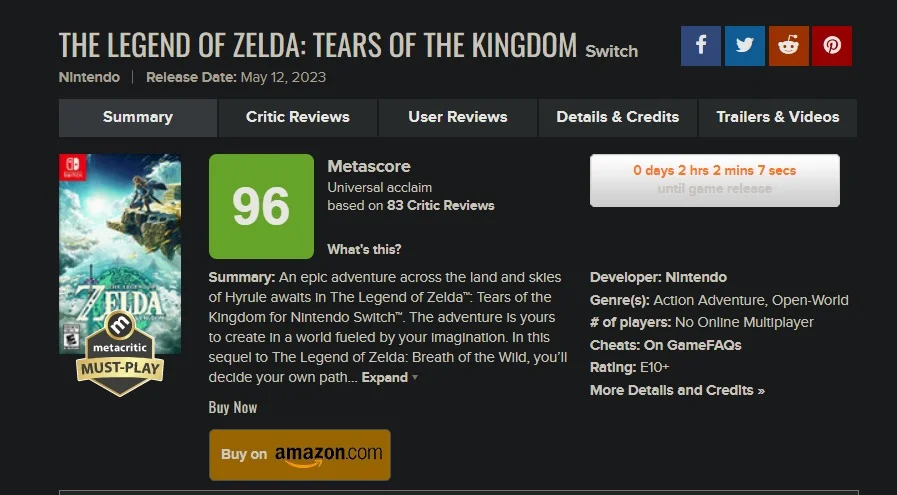 The Legend of Zelda: Tears of the Kingdom Metacritic Score Revealed