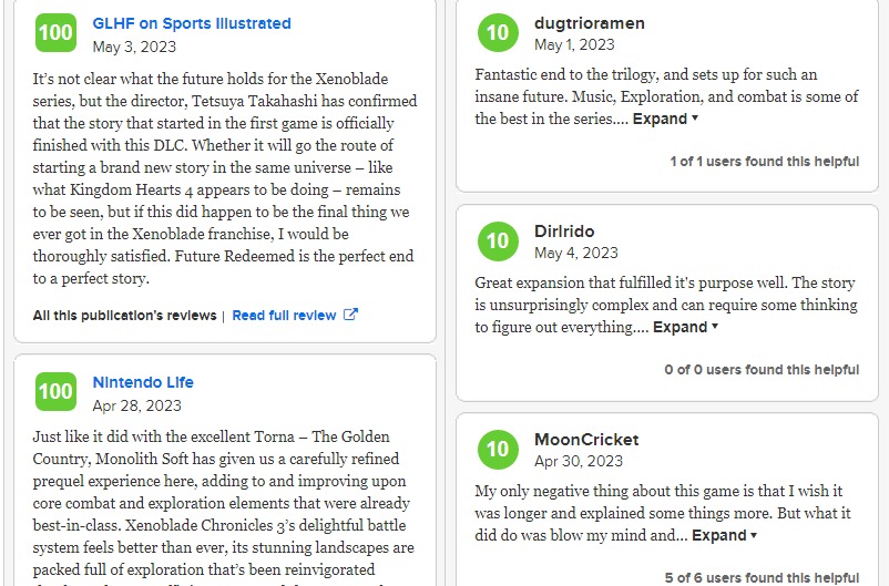 Xenoblade Chronicles 3: Future Redeemed Metacritic scores showcasing the positive remarks of critics and users alike.
