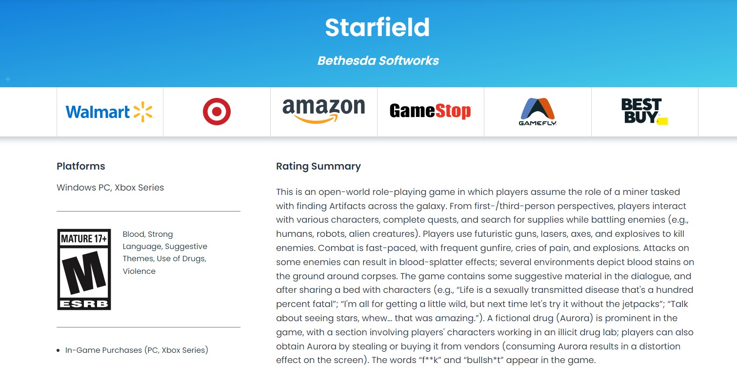 Starfield has been formally rated by the Entertainment Software Rating Board, receiving a mature rating.