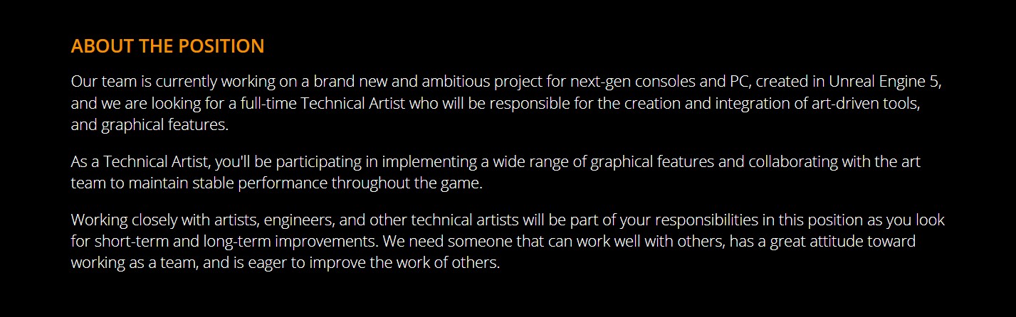 Senior Technical Artist Job listing from Flying Wild Hog Unreal Engine 5
