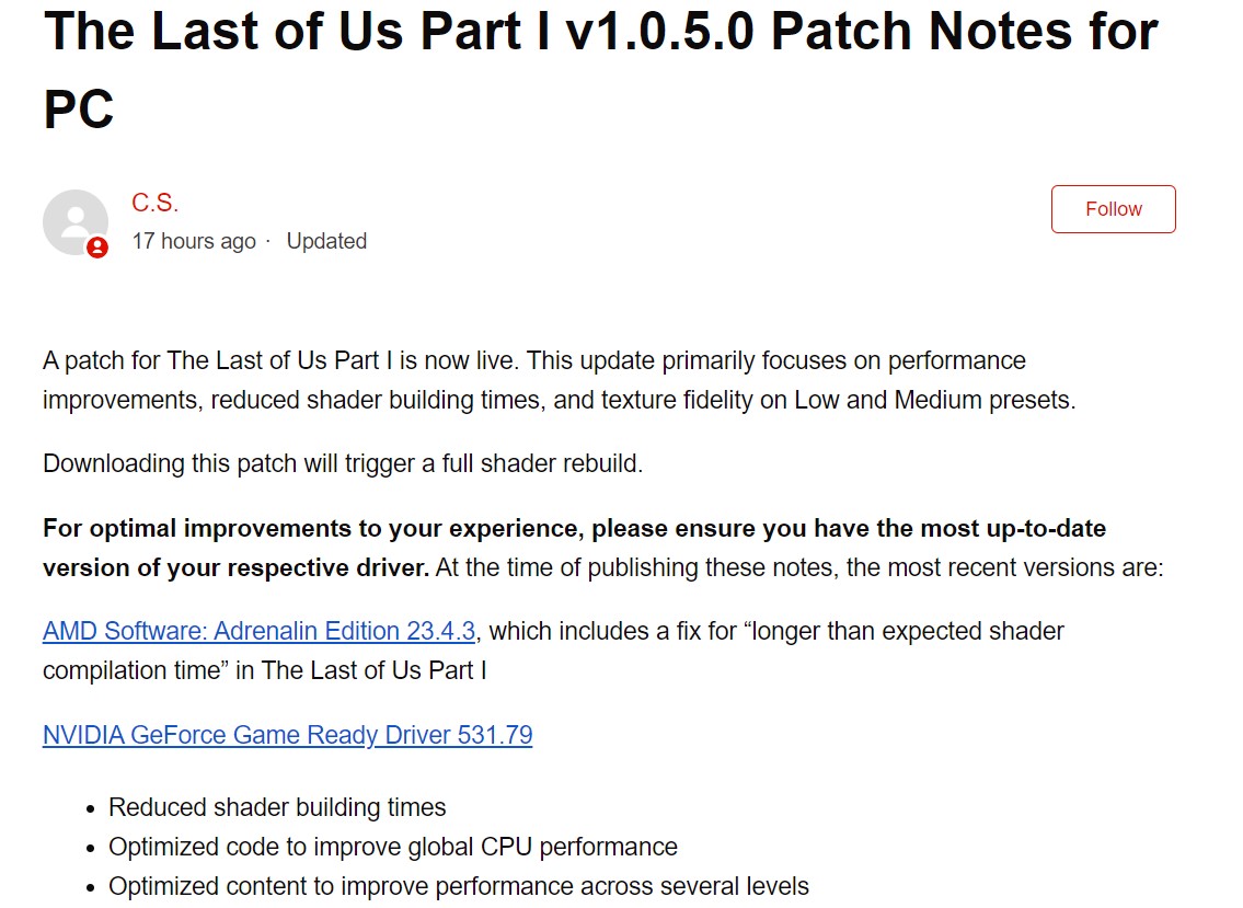 The Last of Us Part 1 PC patch notes