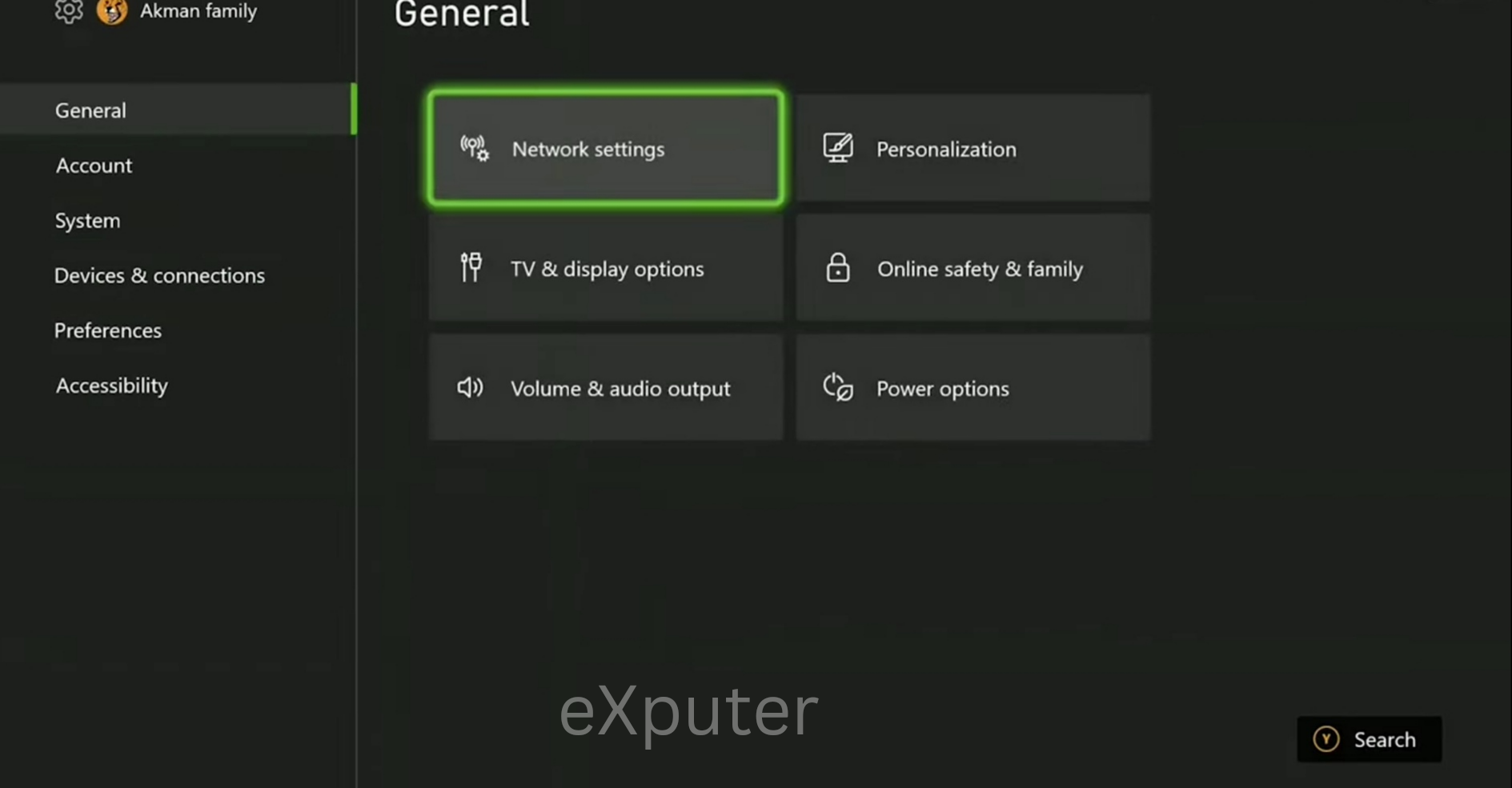 Opening network settings in xbox