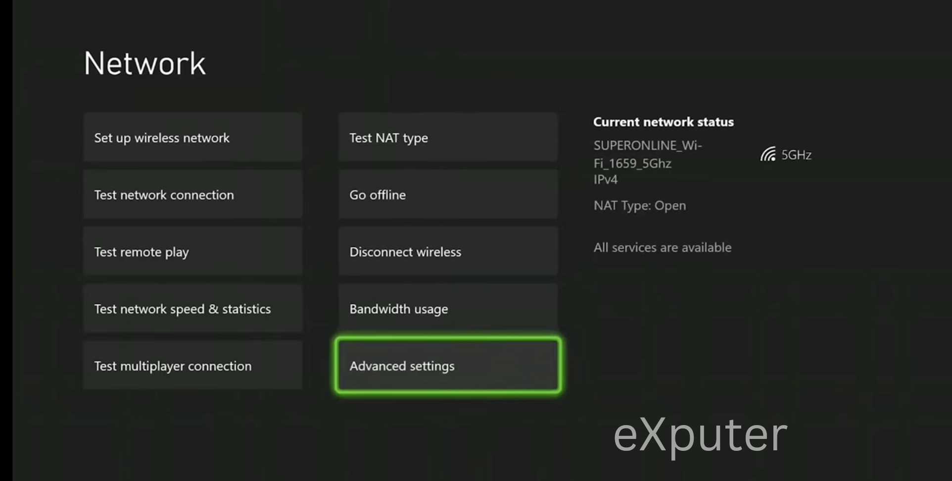 Opening advanced settings in xbox