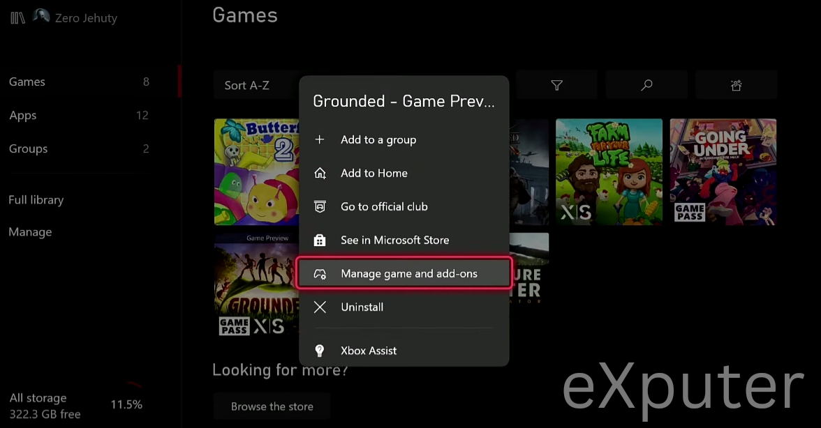 Selecting manage games and add-ons in xbox
