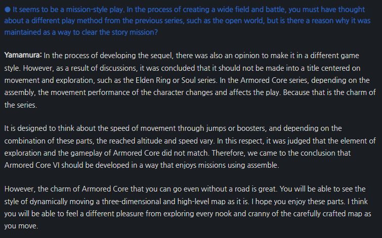 There was an opinion among the dev team that Armored Core VI should have more exploration and movement like Elden Ring, but the team decided to stay true to the AC formula.