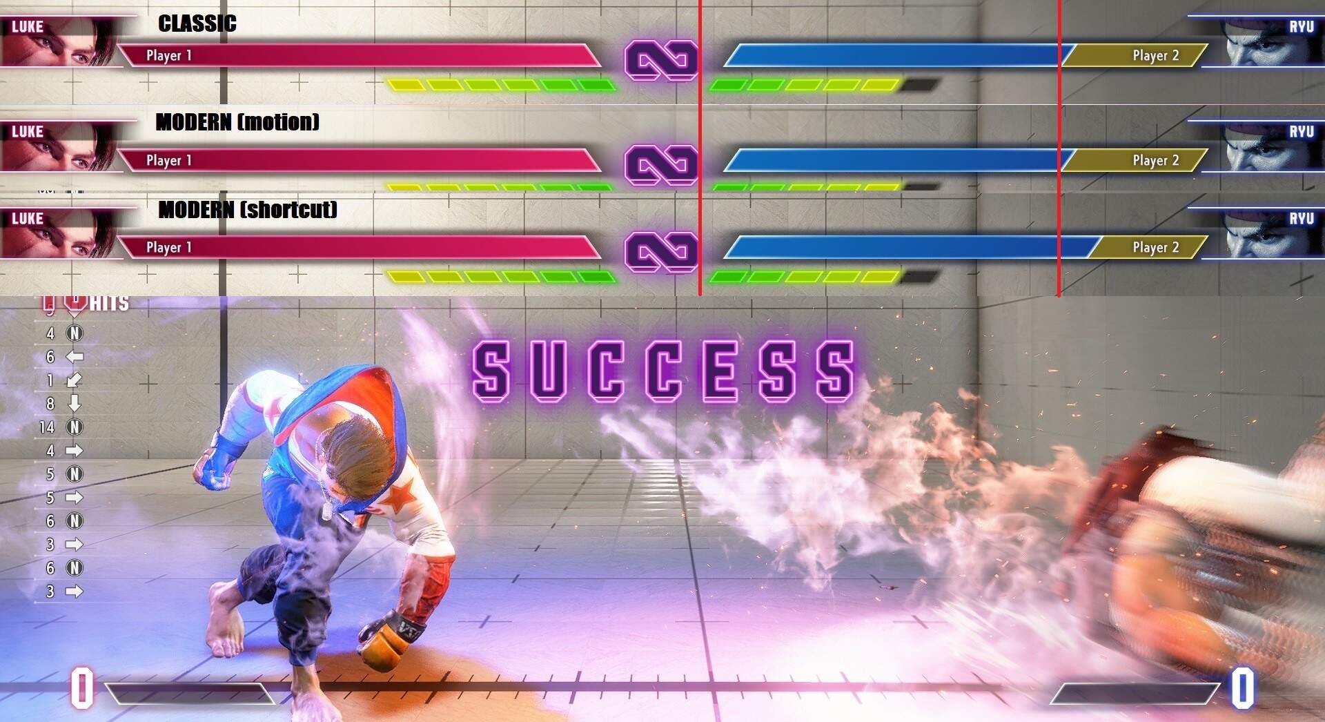 The image shows the difference in damage dealt between Modern Controls, Classic Controls, and using motion inputs with Modern Controls.