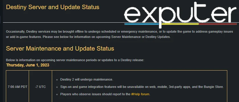 Bungie's Destiny servers and Update Status. (image by eXputer) 