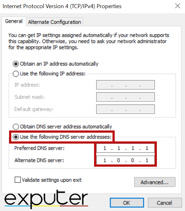 Applying Cloudflare DNS Server Addresses. (image by eXputer)