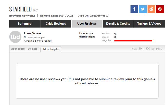 The negative rating still shows on Starfield's Metacritic page.