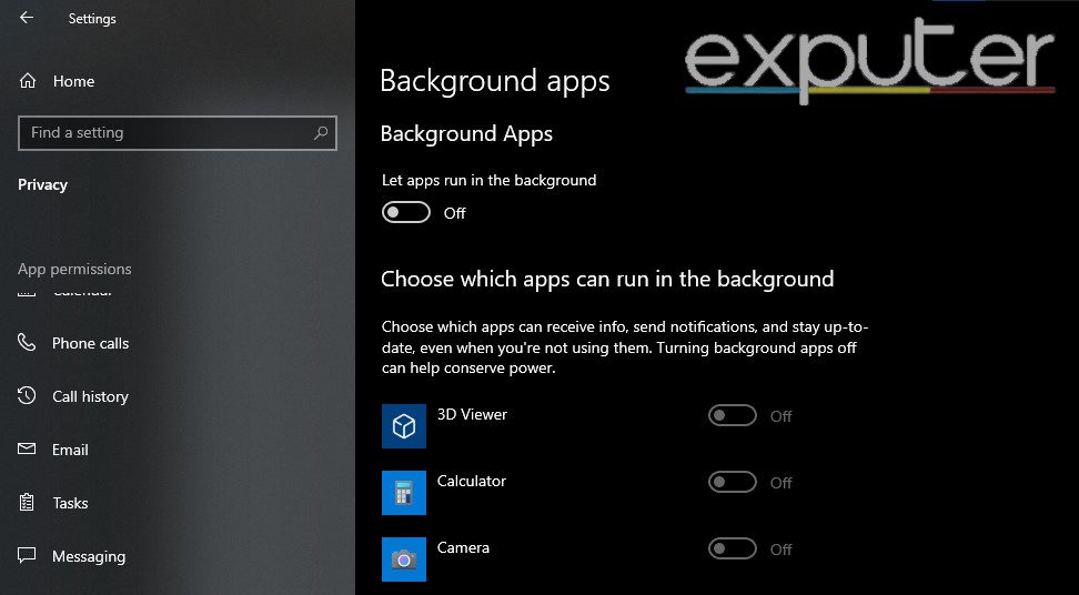turn off background apps from windows settings