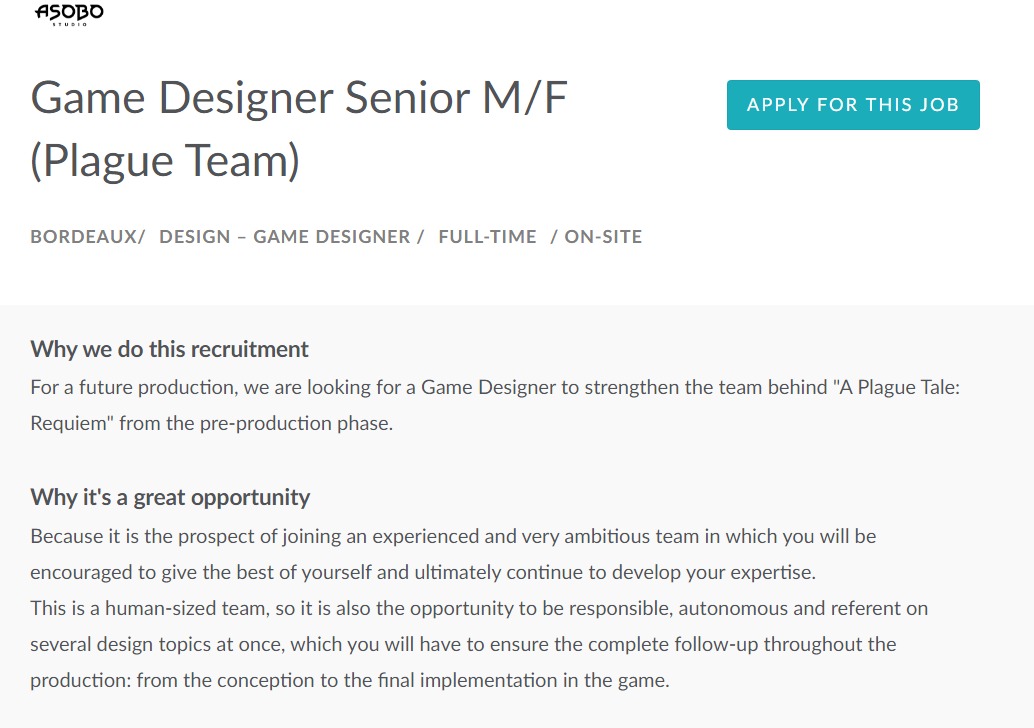A Plague Tale team is hiring for a Senior Game Designer.