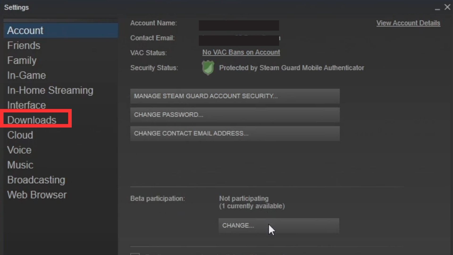 Select Download settings in Steam to clear download cache