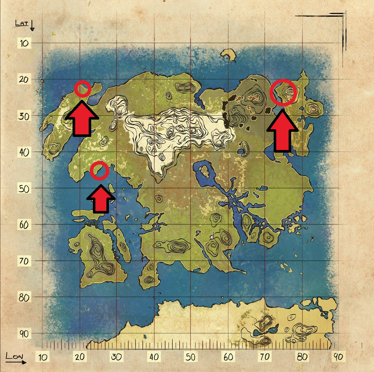 Green and Red Gems in Lost Island resource map in Ark.