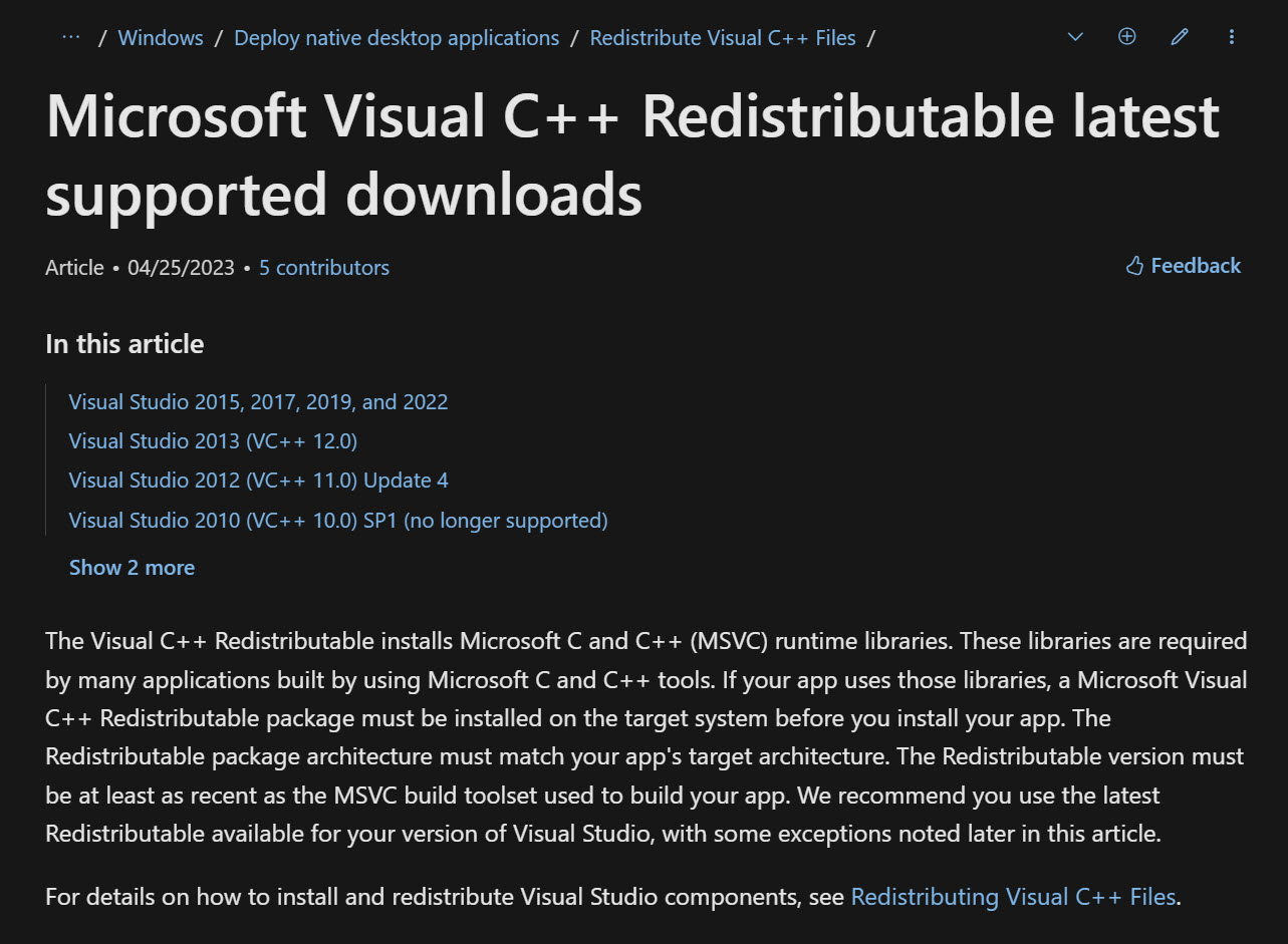 Microsoft C++ Runtime Website