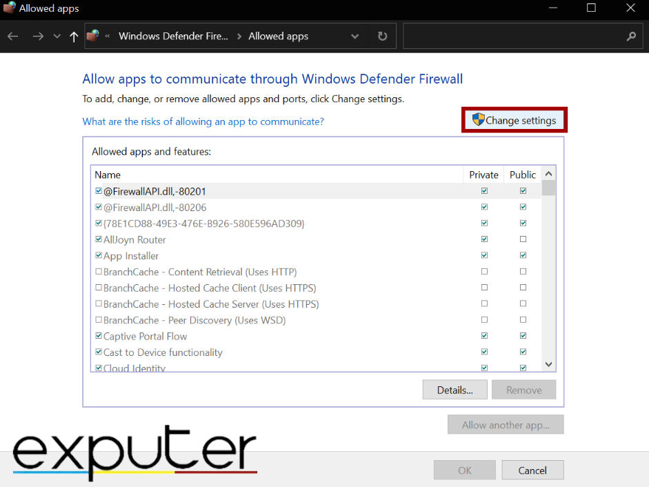 Changing Allowed Apps and Feature list in Windows Defender Firewall Settings. (image by eXputer)