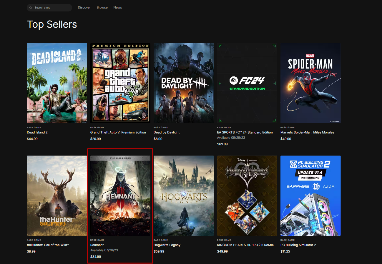 Remnant 2 on Epic Games Store as a Top Seller