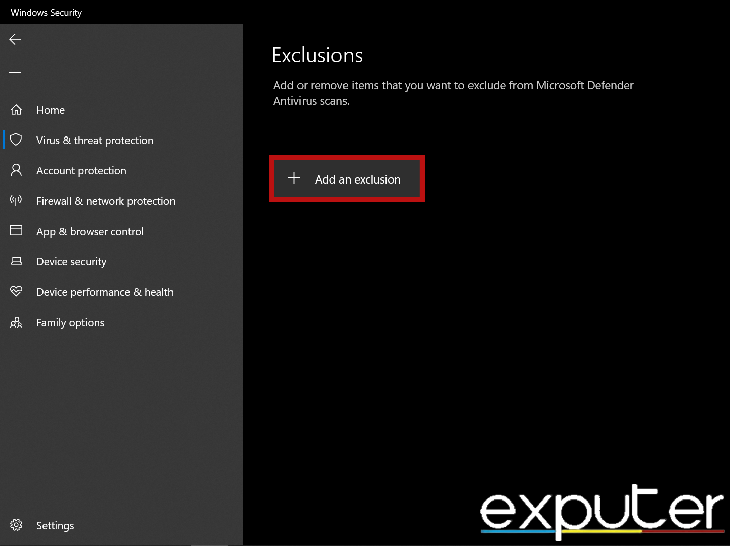 Adding an Exclusion in Windows Security. (image copyrighted by eXputer)