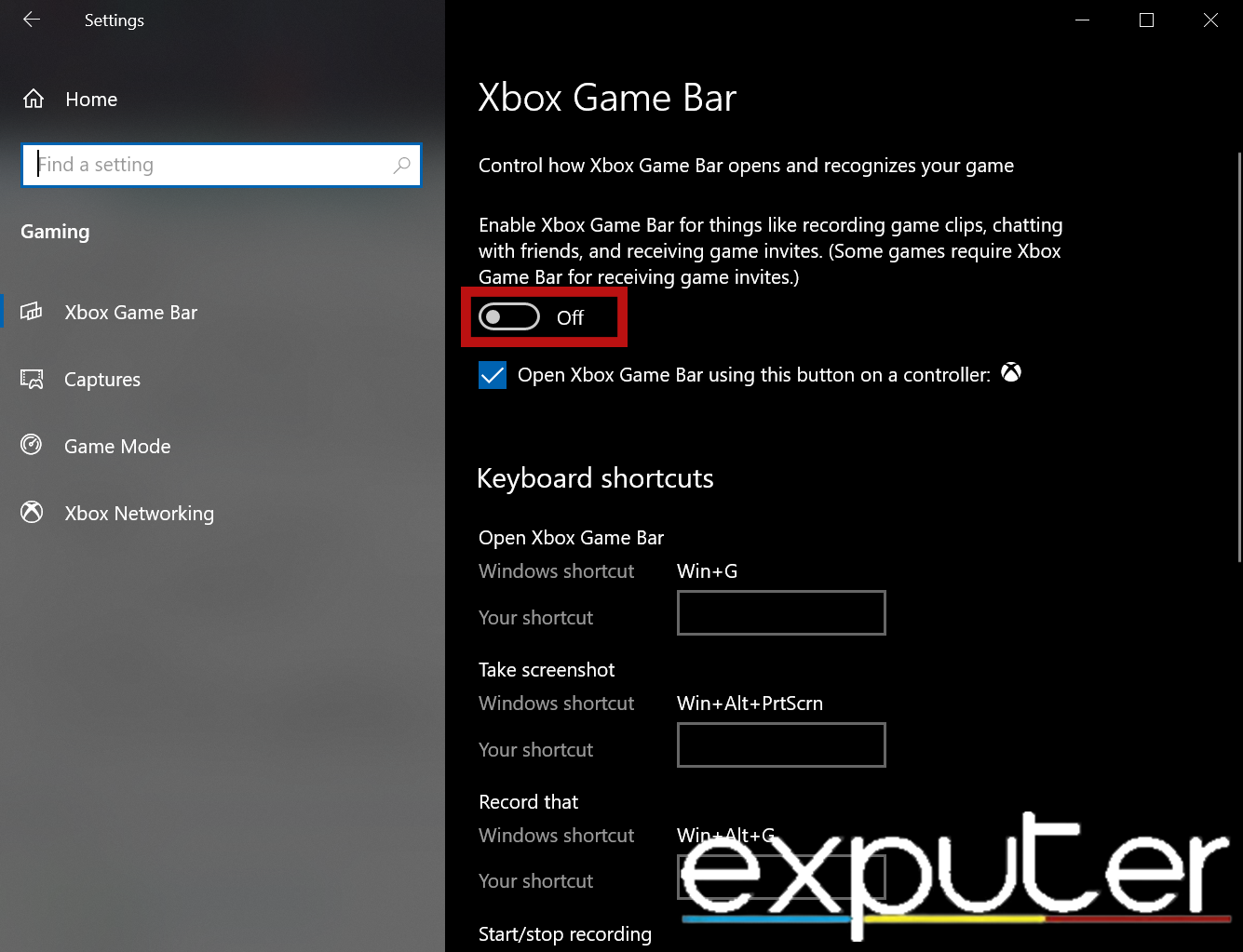 Turning Off the Xbox Game Bar Button. (image copyrighted by eXputer)