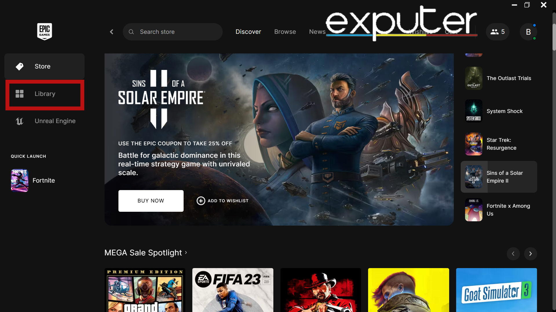 Opening Library Section of Epic Games Launcher. (image by eXputer)