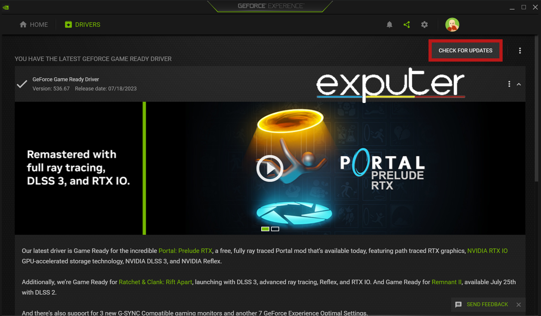 Clicking on the Check for updates option in Nvidia GeForce Experience. (image captured by eXputer)