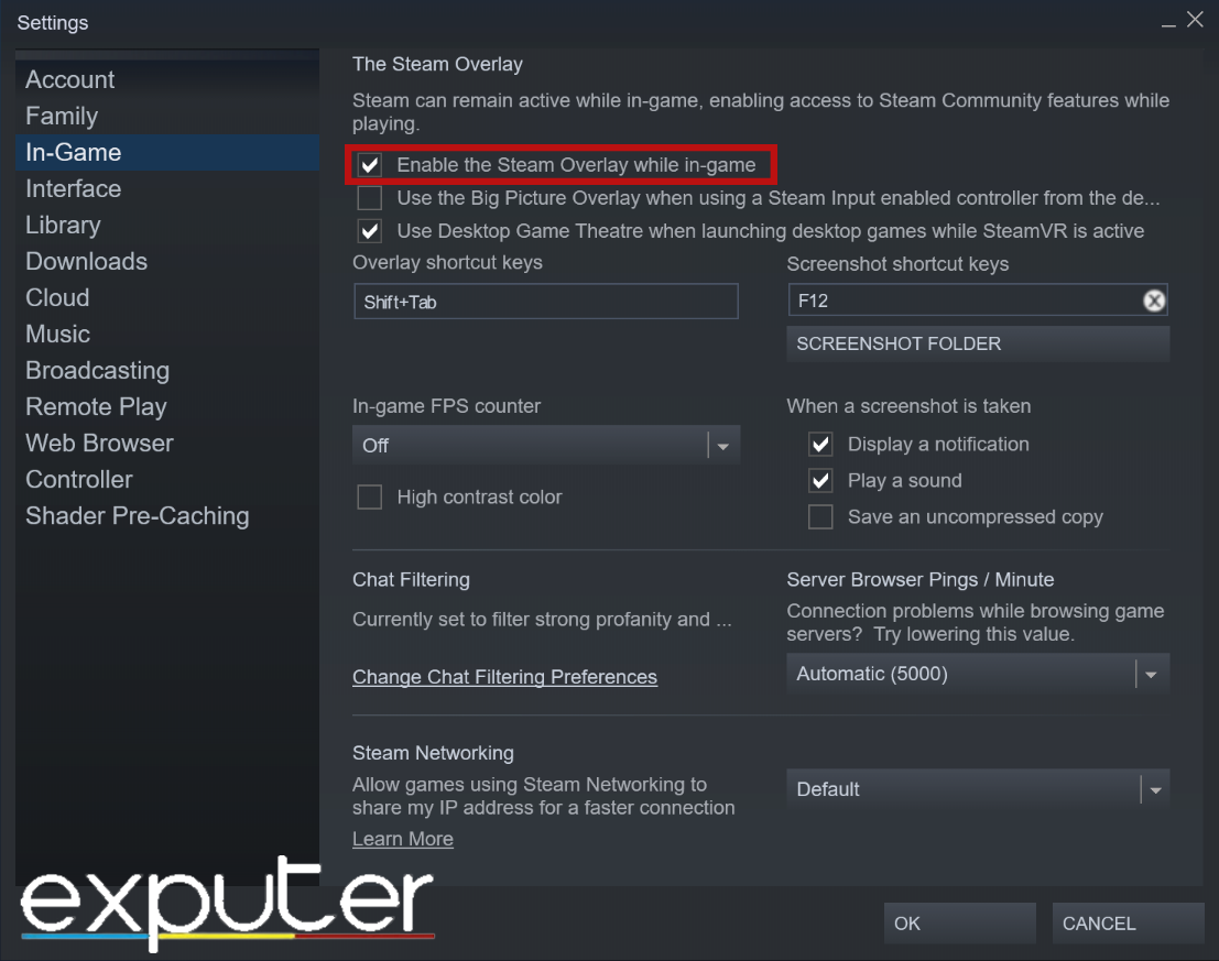 Disabling the Enable Steam in-game overlay option. (image taken by eXputer)