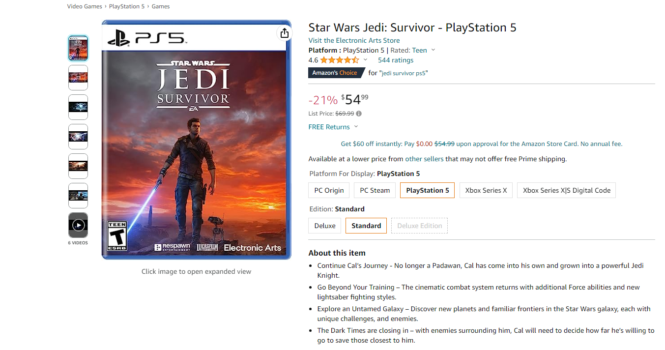 Star Wars: Jedi Survivor Discounted by 21% on Amazon