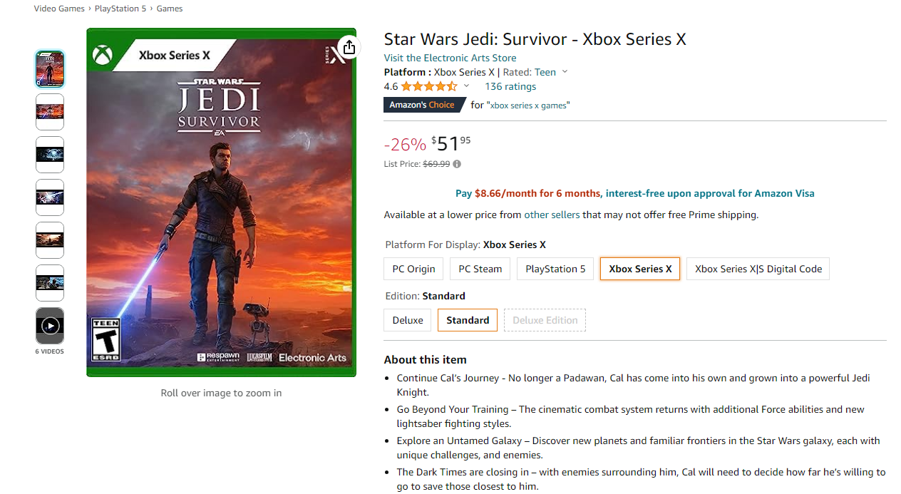 The Discounted Xbox Series X Listing for Star Wars Jedi: Survivor