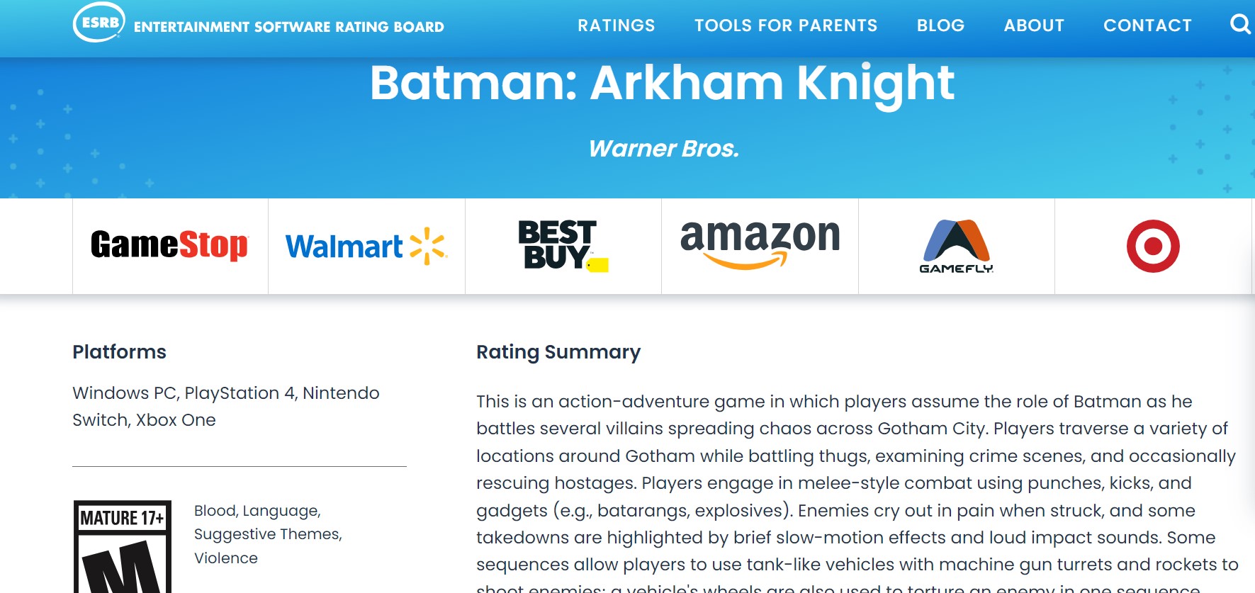 Batman: Arkham Knight ESRB