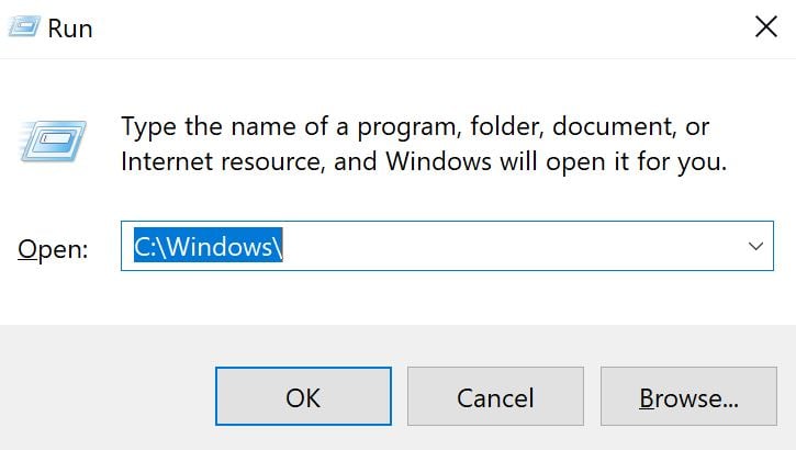 going to windows folder through run window to delete razer files