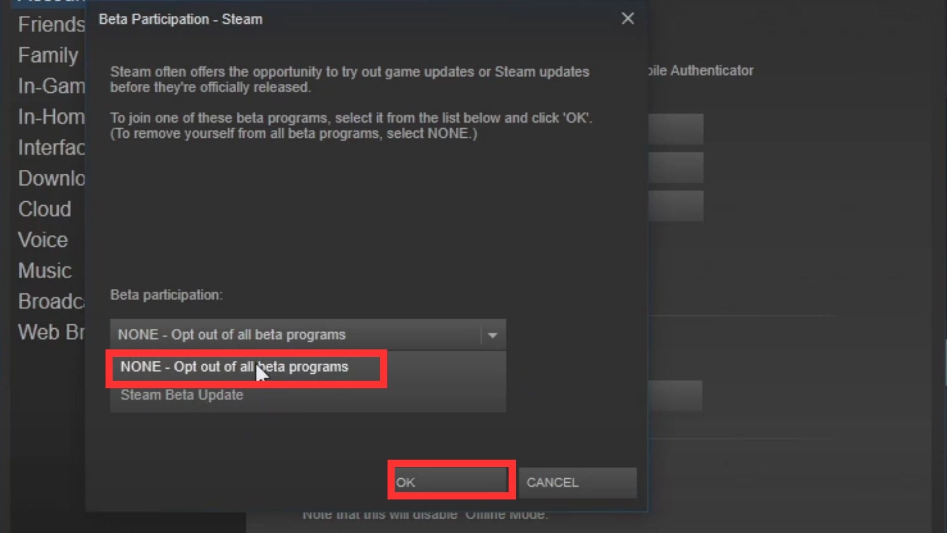 Opt out of beta programs to solve steam content still encrypted error