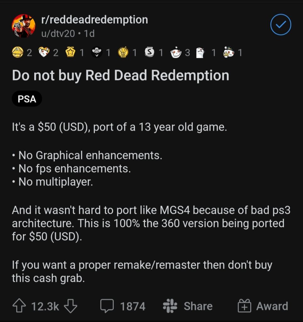 A Reddit post calling for the RDR port's boycott.