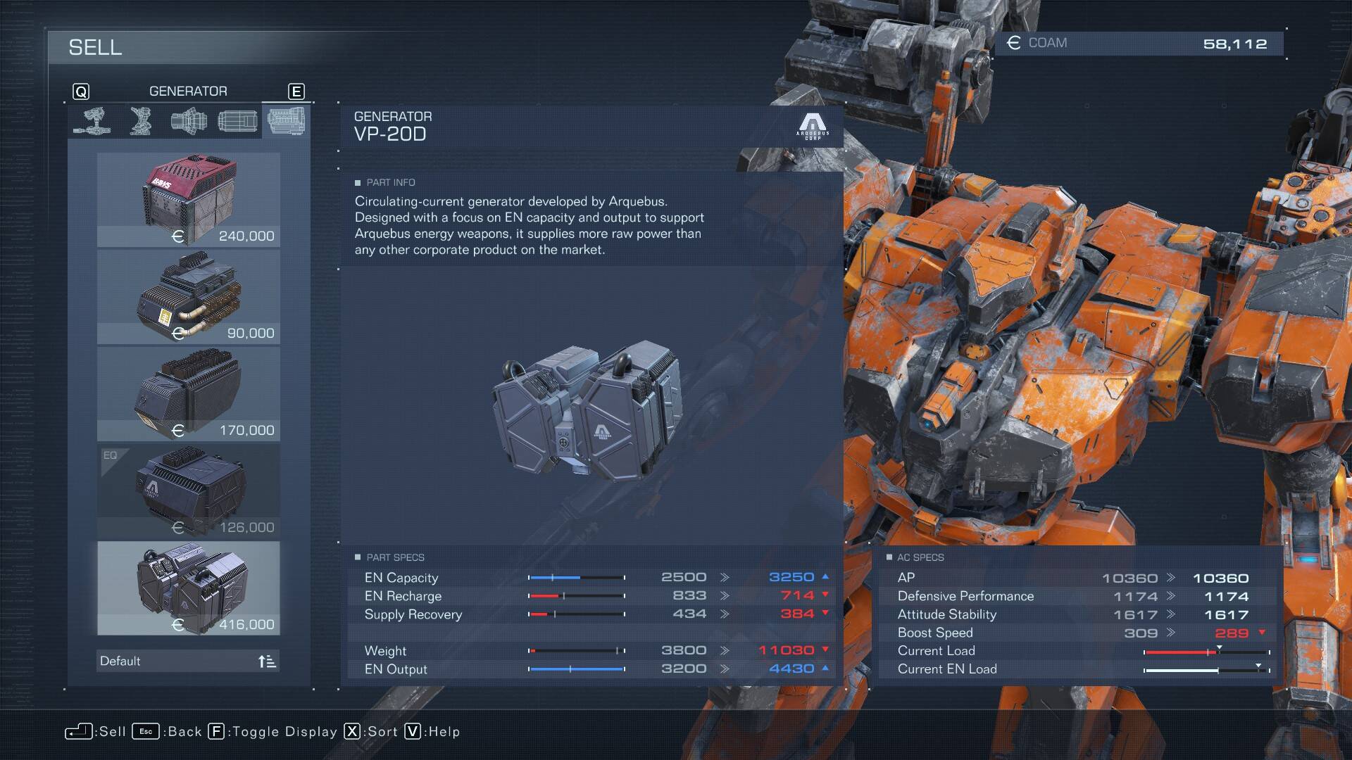 Selling a part for its full price in Armored Core 6.