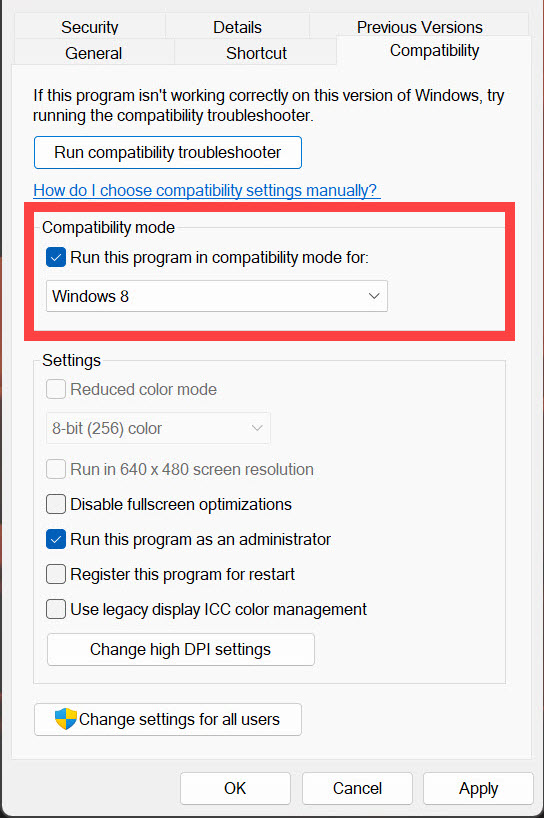 Set Compatibility Mode To Windows 8