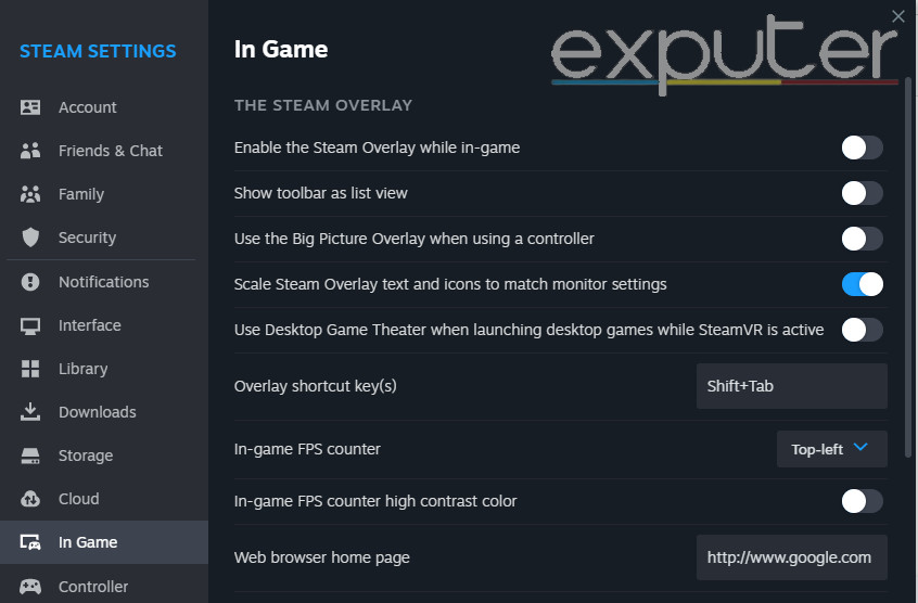 how to turn off in-game overlay for Steam