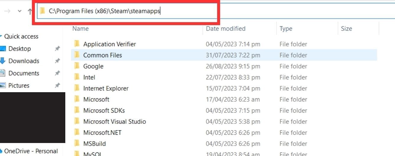 Go to C:\Program Files (x86)\Steam\steamapps using the File explorer search bar