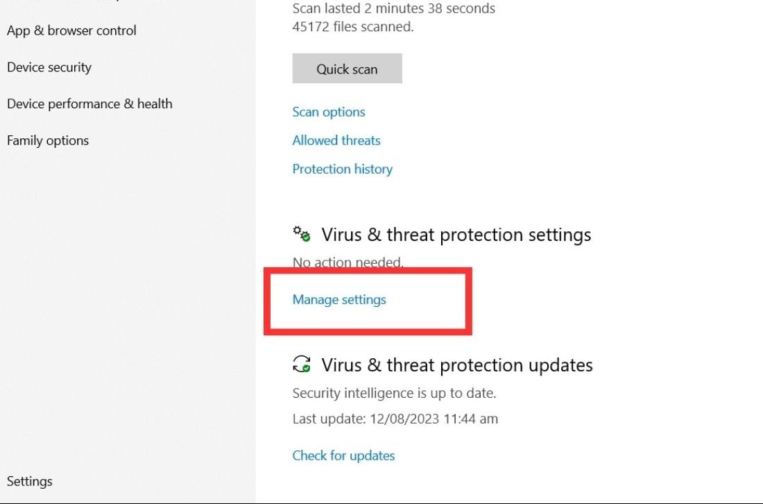 Manage Settings to add exceptions to windows defender
