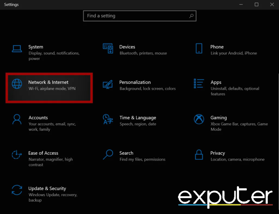 Opening Network and Internet Setting in Windows Settings app. (image taken by eXputer)