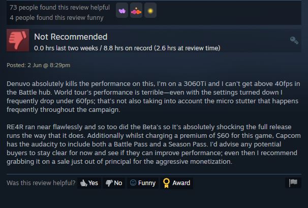 A negative review criticizing the Denuvo anti-tamper tech on Street Fighter 6's Steam Store page.