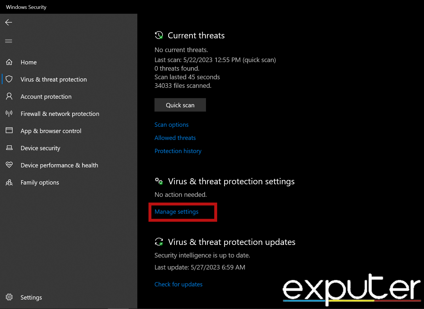 Opening Virus and Threat Protection Options in Virus and Threat Protection Settings in the Settings app. (image captured by eXputer)