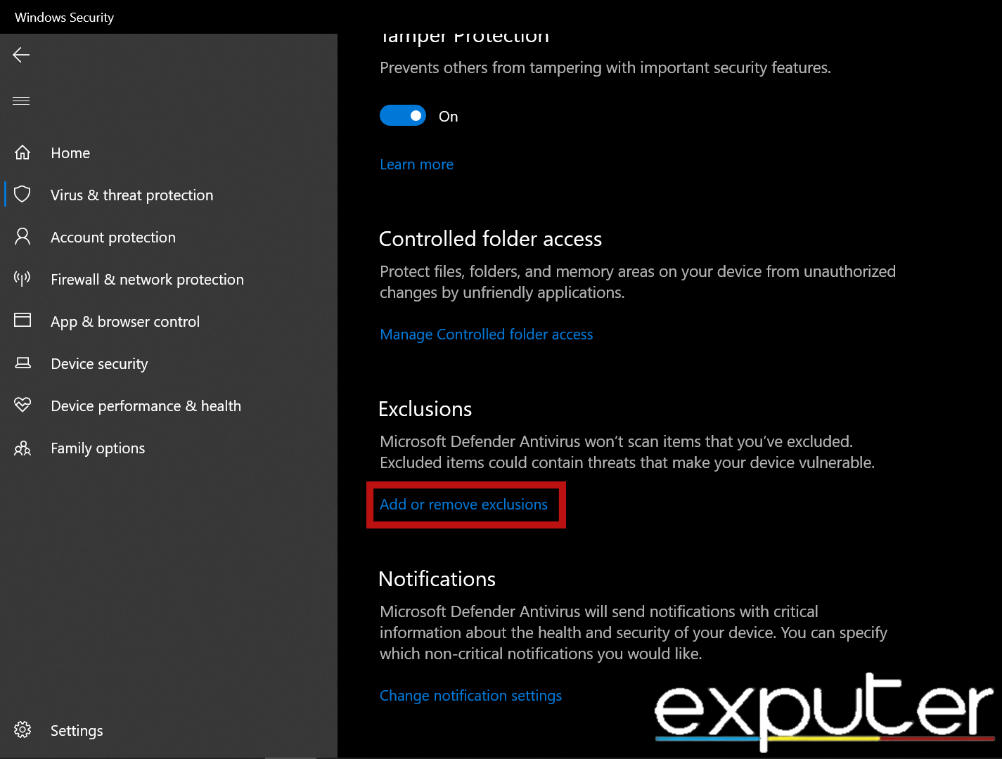 Opening Exclusion Options in Virus and Threat Protection Settings in the Settings app. (image copyrighted by eXputer)
