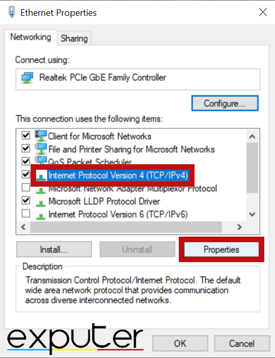 Opening Internet Protocol Version 4 (TCP/IPv4) properties. (image copyrighted by eXputer)