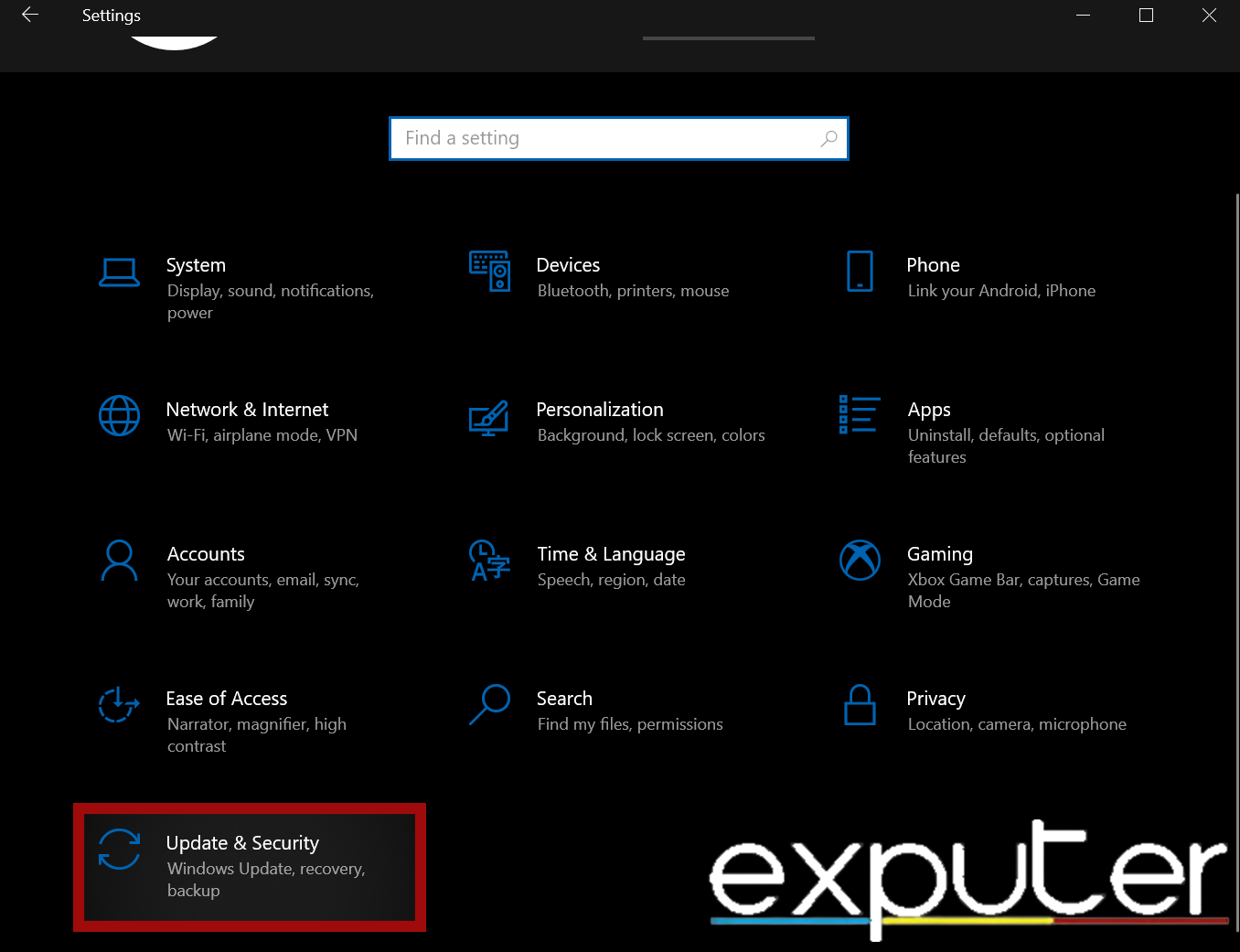 Opening Update and Security Settings in Windows Settings app. (image captured by eXputer)