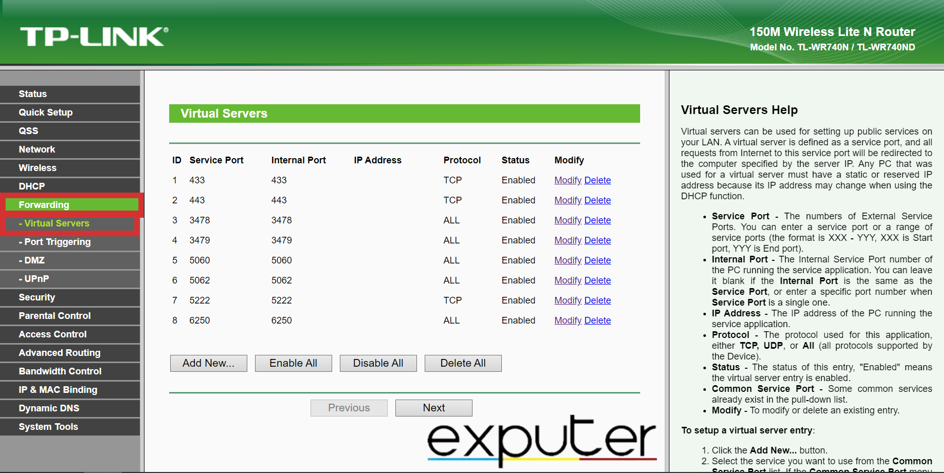Opening Port Forwarding/Virtual Servers Settings in TP-LINK Router Settings. (image captured by eXputer)