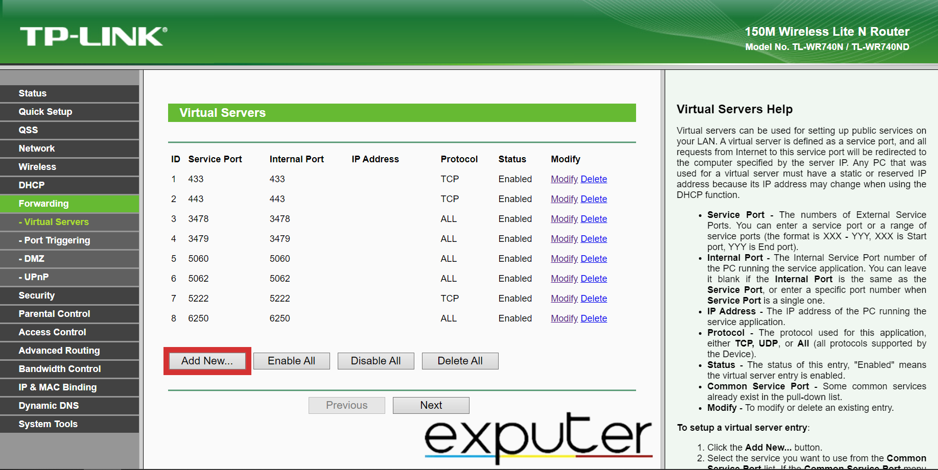Clicking on the Add New Button in the Virtual Servers Settings in Router Settings. (image copyrighted by eXputer)