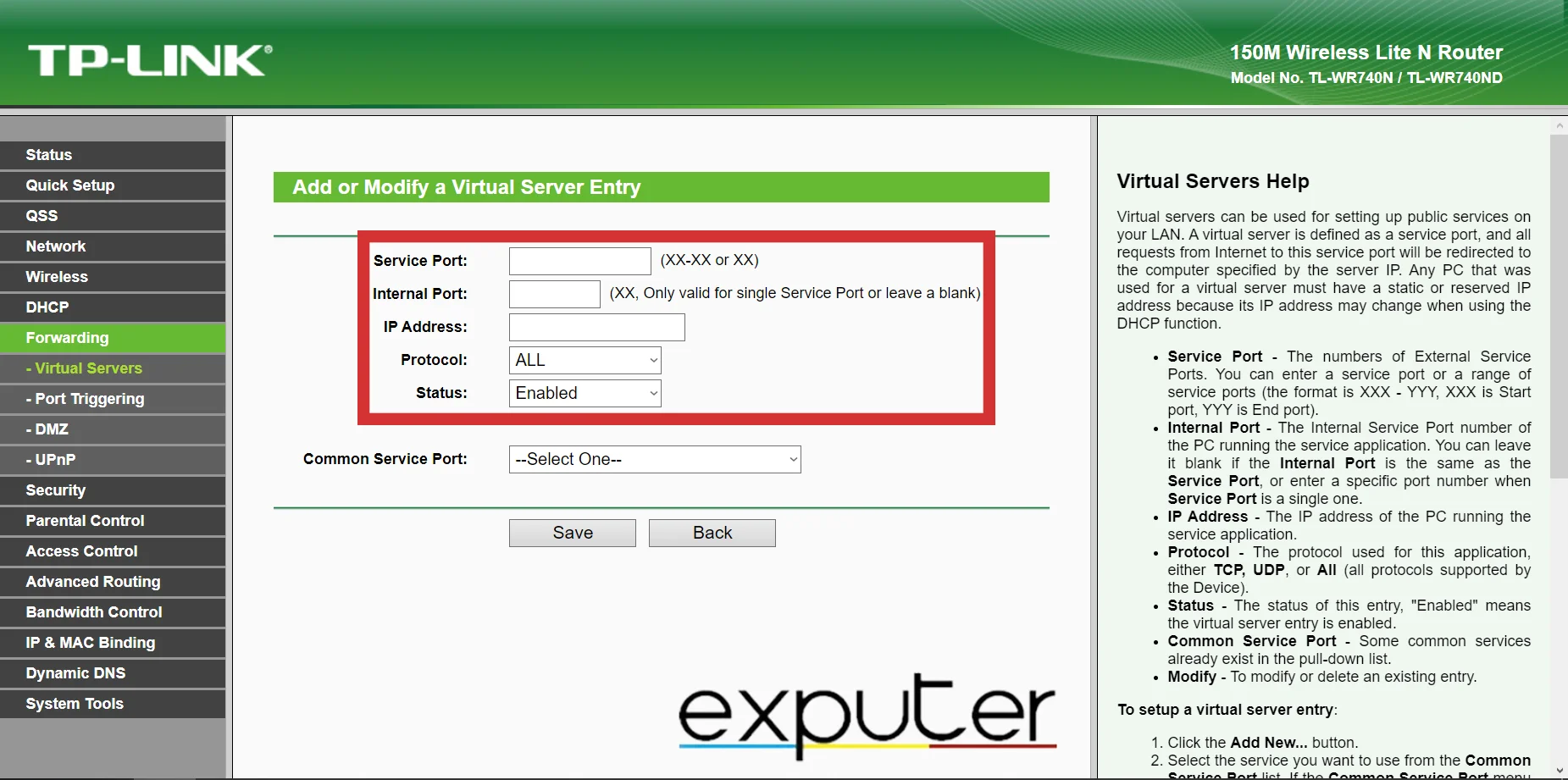 Adding a Port in the Port Forwarding/Virtual Servers options in the Router Settings. (image taken by eXputer)