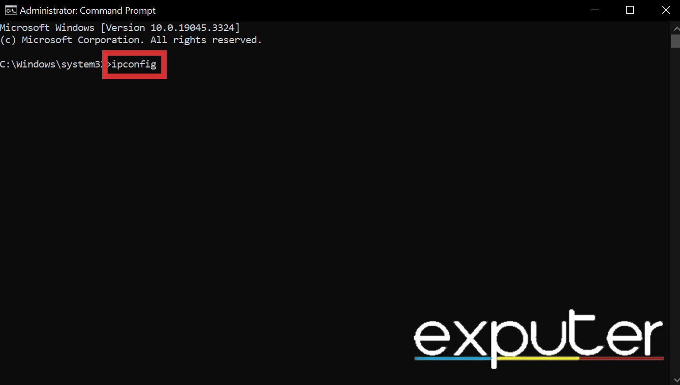 Entering the ipconfig command in cmd to check your system's IP. (image captured by eXputer)